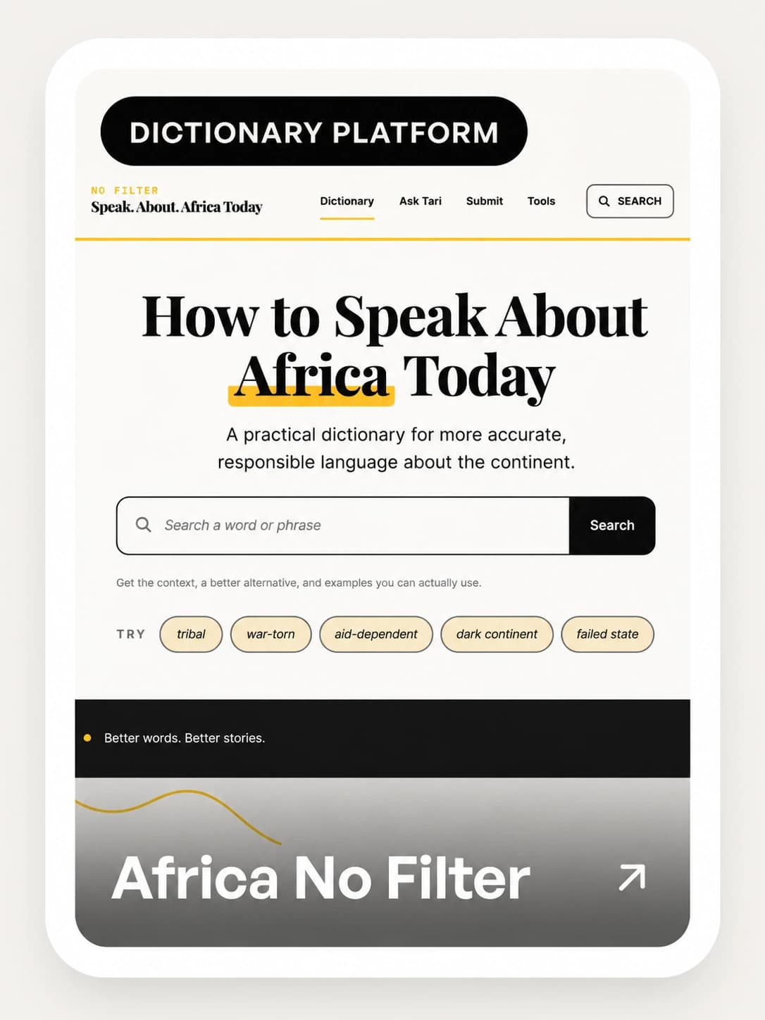 Africa No Filter — the ‘How to Speak About Africa Today’ dictionary platform. Opens the live site.
